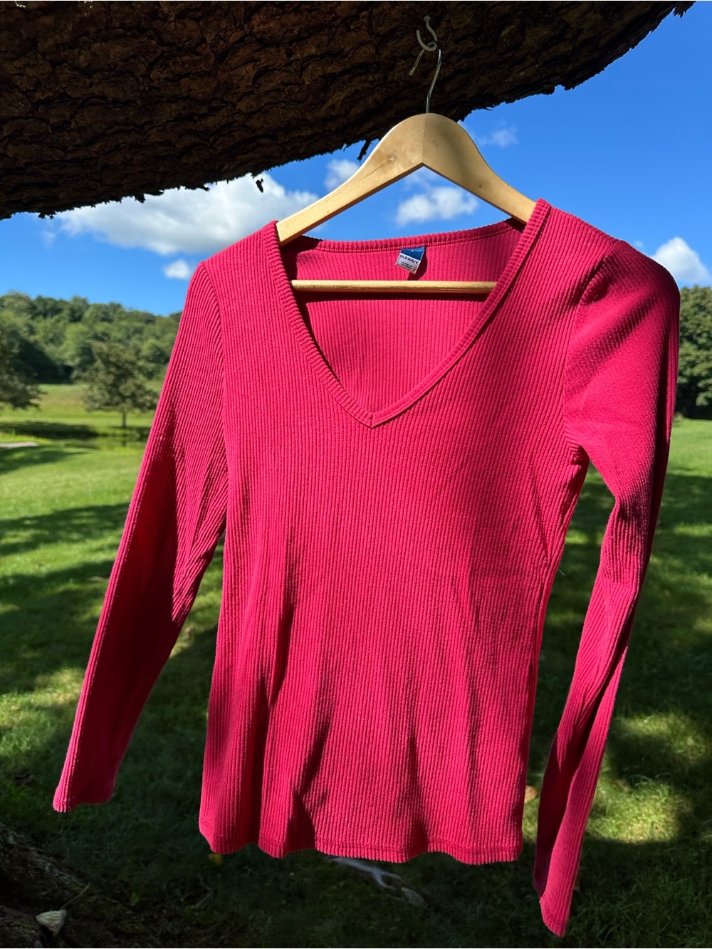 Old Navy Ribbed V-Neck Long Sleeve Top - Bright Pink